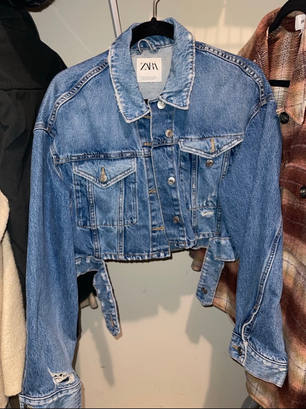 ZARA Light Blue Cropped Distressed Denim Jacket